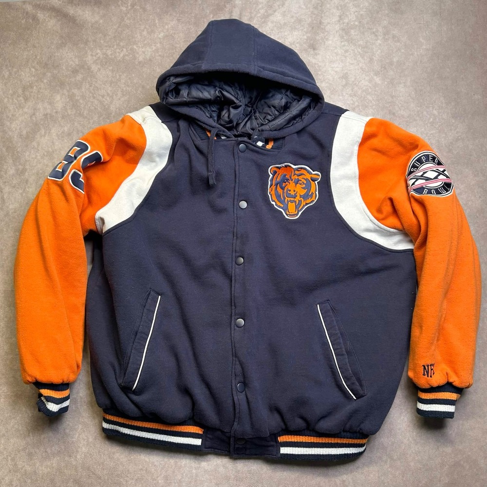 NFL Chicago Bears Super Bowl XX Champions Varsity Jacket Hooded Navy Orange XXL